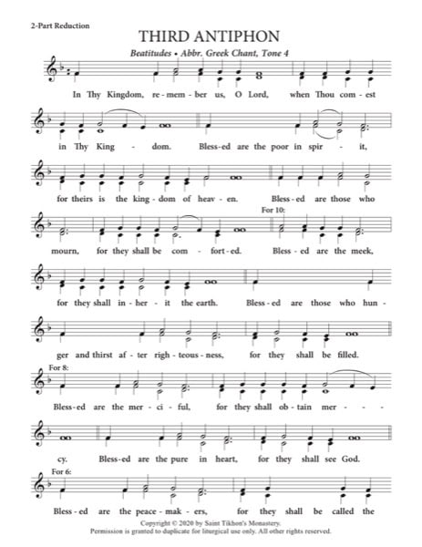 Beatitudes – Tone 4, Abbreviated Greek Chant, 2-Part, 3-Part, SA, TB, SSA, TTB