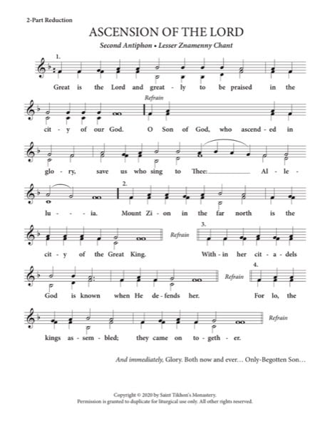 Second Festal Antiphon (Ascension) – Little Znamenny Chant, 2-Part, 3-Part, SA, TB, SSA, TTB