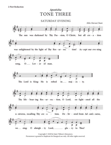 Aposticha (Resurrectional Stichera & Theotokion) – Tone 3, Abbreviated Kievan Chant, 2-Part, 3-Part, SA, SSA, TB, TTB