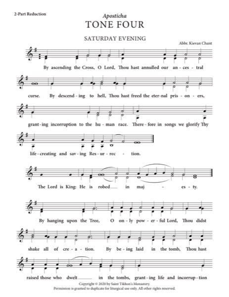 Aposticha (Resurrectional Stichera & Theotokion) – Tone 4, Abbreviated Kievan Chant, 2-Part, 3-Part, SA, SSA, TB, TTB