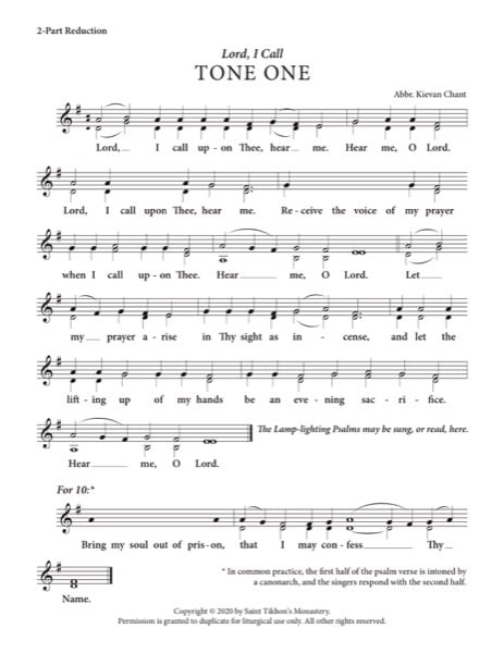 Lord, I Call with Resurrectional Stichera & Dogmaticon – Tone 1, Abbreviated Kievan Chant, 2-Part, 3-Part, SA, SSA, TB, TTB