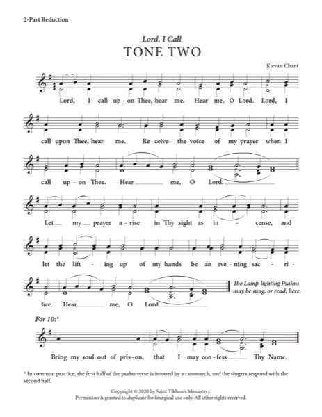 Lord, I Call with Resurrectional Stichera & Dogmaticon – Tone 2, Kievan Chant, 2-Part, 3-Part, SA, SSA, TB, TTB