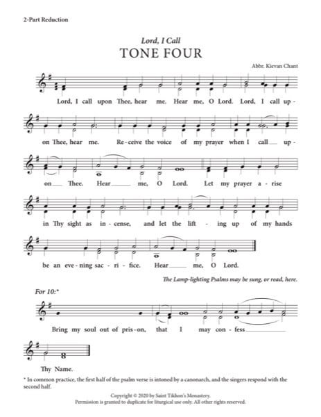 Lord, I Call with Resurrectional Stichera & Dogmaticon – Tone 4, Abbreviated Kievan Chant, 2-Part, 3-Part, SA, SSA, TB, TTB
