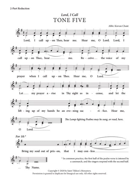 Lord, I Call with Resurrectional Stichera & Dogmaticon – Tone 5, Abbreviated Kievan Chant, 2-Part, 3-Part, SA, SSA, TB, TTB