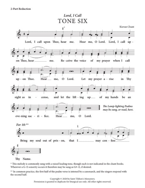 Lord, I Call with Resurrectional Stichera & Dogmaticon – Tone 6, Kievan Chant, 2-Part, 3-Part, SA, SSA, TB, TTB